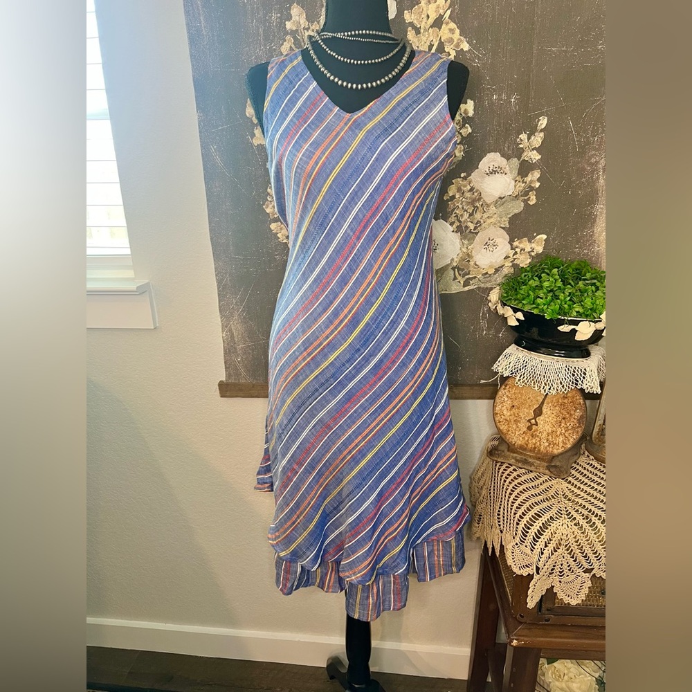 Parsley & Sage Blue Red Orange Stripe V Neck‎ Sleeveless Summer Dress S Coastal